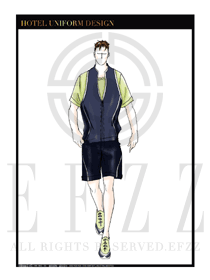 大師手繪深藍色男款養(yǎng)生休閑會所服務(wù)生制服設(shè)計圖597