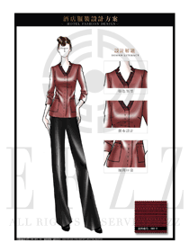 時尚淺紅色女款酒店客房服務員制服設計圖584