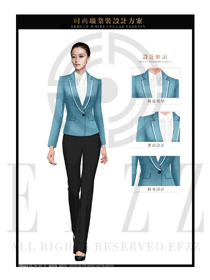 時尚淺藍色女款職業套裝制服設計圖1376