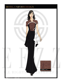 時尚金紅色祥云修身款酒店中餐廳迎賓服裝款式設計圖766