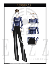 時尚藍色女款西餐服務員服裝款式設計圖1234