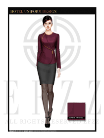 時尚酒紅色裙裝款酒店大堂服裝款式設計圖993