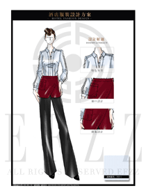 酒紅色圍裙款西餐廳服務員制服設計圖1245