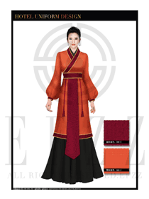 橙黃色女款漢服風格中餐廳迎賓制服設計圖777