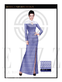 時尚青花瓷長裙款中餐迎賓服裝款式設計圖787