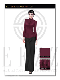 玫紅色修身款酒店中餐廳迎賓制服設(shè)計圖802