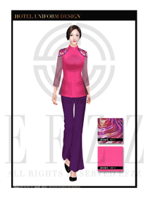 時尚玫紅色女款中餐廳服務員制服設計圖1752