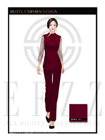 棗紅色女款中餐服務員服裝款式設計圖1761