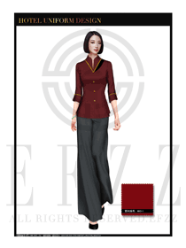 棗紅色長(zhǎng)裙女款酒店中餐廳迎賓制服設(shè)計(jì)圖812
