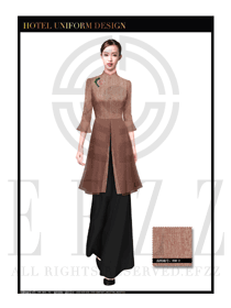 黃色時尚長裙款酒店中餐廳迎賓制服設計圖816