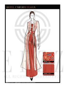 時(shí)尚橙黃色長裙款中餐迎賓服裝款式設(shè)計(jì)圖823