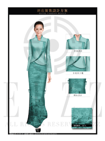 淺綠色山水畫長裙款酒店中餐迎賓制服設計圖854
