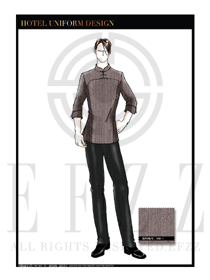 原創手繪棕色男款中餐服務員服裝款式圖1809
