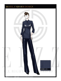 原創手繪稿臧藍色長袖女款中餐服務員服裝款式圖1825