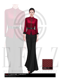 時尚酒紅色女款中餐服務員制服設計圖1415