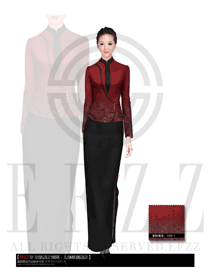 新款暗紅色女款酒店中餐迎賓制服設計圖819