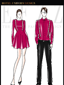 時尚紅色男女款夜總會KTV服務員服裝款式效果圖601