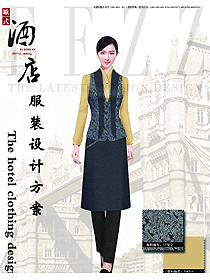 藏藍色腰果花馬甲款酒店西餐服務(wù)員服裝款式圖1299