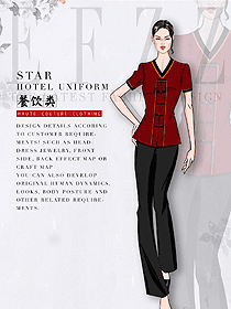 紅色短袖女款中餐服務員服裝款式圖2091