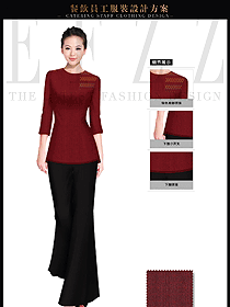 棗紅色修身版女款中餐服務員制服設計圖1702