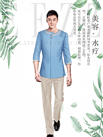 新款淺藍色男款美容養生技師工作制服設計圖868