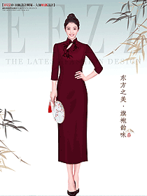 溫婉優(yōu)雅淑女酒紅色提花旗袍美女服飾