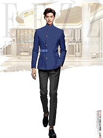 寶藍色長袖男款酒店門童行李生制服設計圖