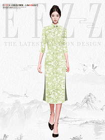 新中式風格酒店員工旗袍草綠色設計效果圖