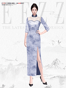 青煙紫色高端復古酒店迎賓旗袍服裝設計效果圖