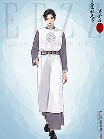 漢服男裝圓領袍暗紋織金中長款春秋男士手繪服裝設計圖