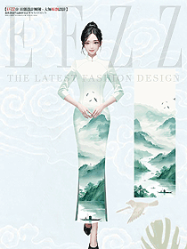 星級(jí)酒店中國(guó)風(fēng)華服中式制服水墨竹子山水畫(huà)旗袍定制設(shè)計(jì)圖