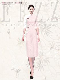 中長款刺繡旗袍裙復(fù)古粉色中式立領(lǐng)表演服