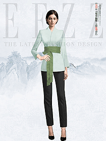 酒店中餐女服務員綠色長腰帶制服定制設計圖