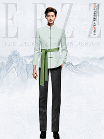 酒店中餐男服務員立領盤扣綠色長腰帶制服設計圖