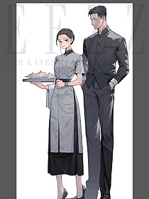 中國風餐飲服務員立領長袖工作服定制設計手繪圖