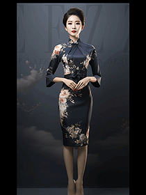 民國風中袖收腰旗袍日常印花款時尚女裝圖