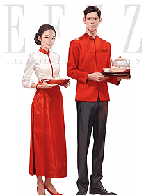 酒店餐飲火鍋男女中式餐飲制服紅色套裝
