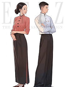 餐廳茶樓男女立領中式制服-服務員長裙工作服手繪圖