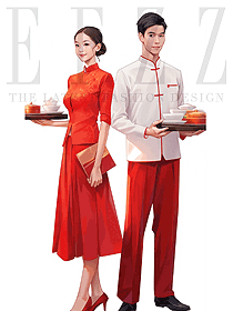 酒店中餐廳服務員工作服-長袖制服紅色可定制