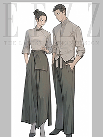 新款中式餐廳服務員工作服盤扣襯衫定制設計圖