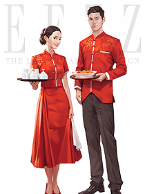 中國風(fēng)酒店中餐廳唐裝紅色系列男女服務(wù)員制服定制設(shè)計(jì)圖
