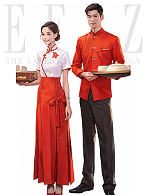 酒店餐廳中式茶樓男女服務員長袖長裙制服紅色喜慶套裝款