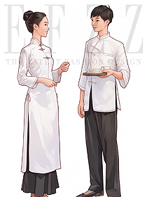 中國風餐飲服務員男女白色套裝款盤扣工作服