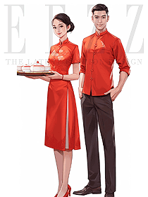 酒樓餐廳火鍋飯店服務員紅色中式套裝制服定制