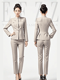 案場(chǎng)客服氣質(zhì)通勤職業(yè)套裝OL米色立領(lǐng)中式西裝工作服定制設(shè)計(jì)圖