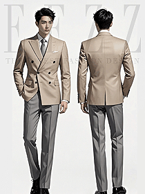 男士韓版休閑雙排扣米色西服套裝手繪圖片
