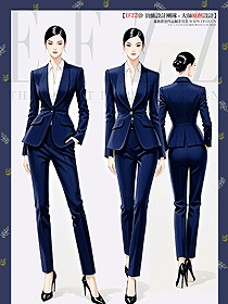藏青色一粒扣青果領西裝套裝女士修身春秋款手繪圖