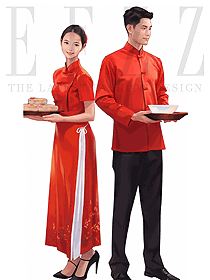 新中式正紅色改良旗袍連衣裙中國風長款服務生制服手繪圖