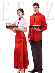 中式傳統復古風餐飲飯店服務員男女工作服手繪設計圖