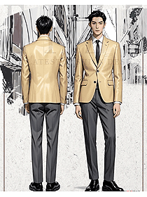 明黃色兩粒扣韓版西服英倫男職業(yè)套裝手繪圖